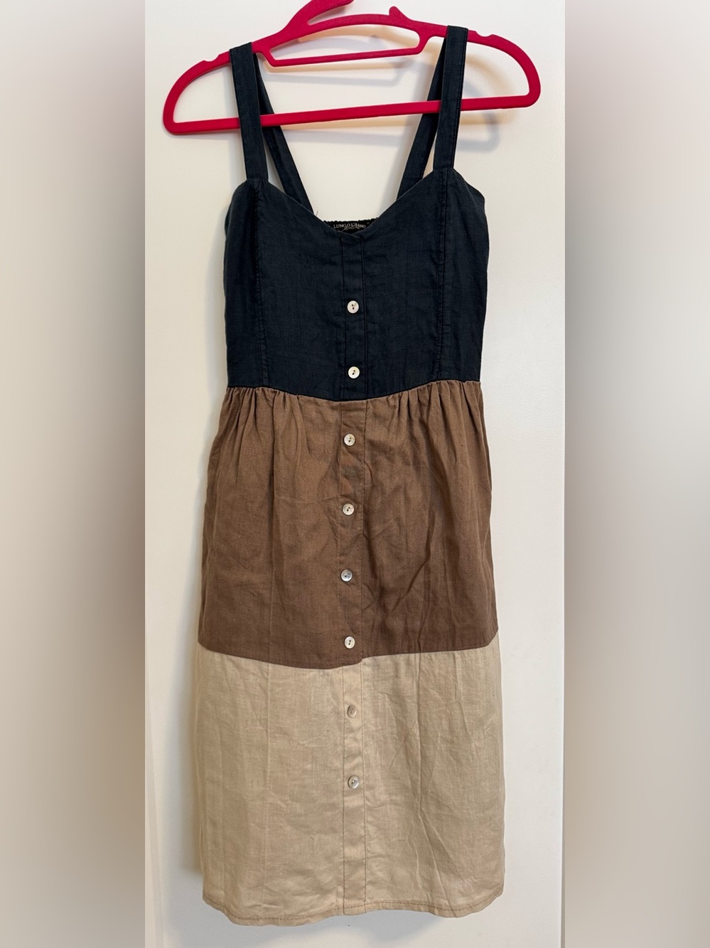 LUNGO L’ARNO Colorblock Linen Strappy Midi Dress in Blue, Brown & Cream
